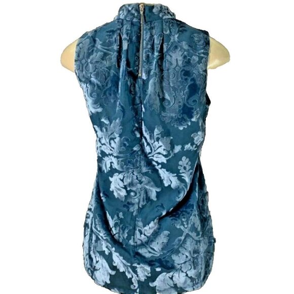 White House Black Market S/0 Teal Flocked Floral Velvet V-Choker Neck Tank Top - Picture 4 of 6